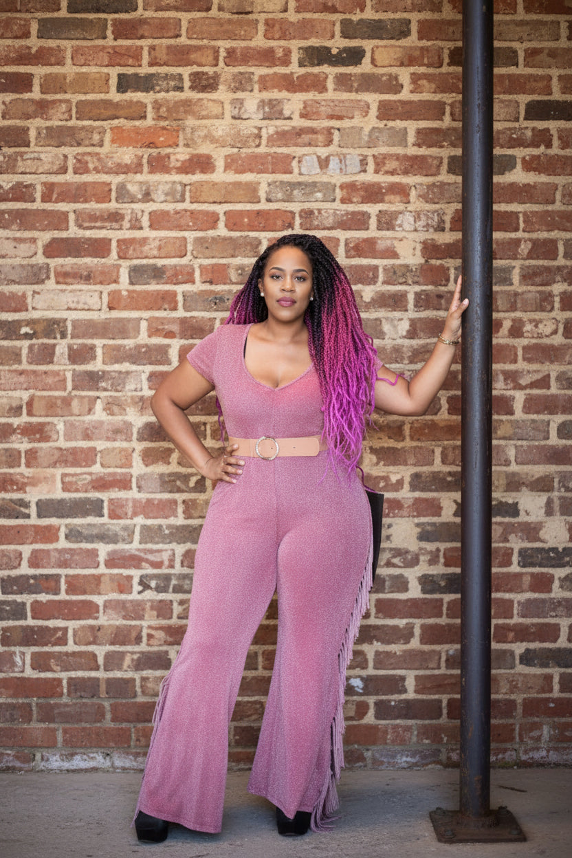 Pink stone washed Jump suit with Fringe
