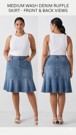 Midi length denim skirt flares at the bottom