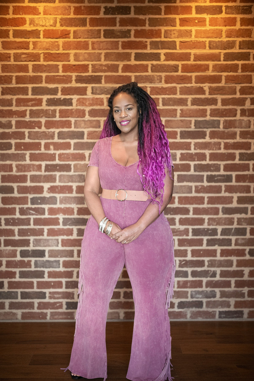 Pink stone washed Jump suit with Fringe