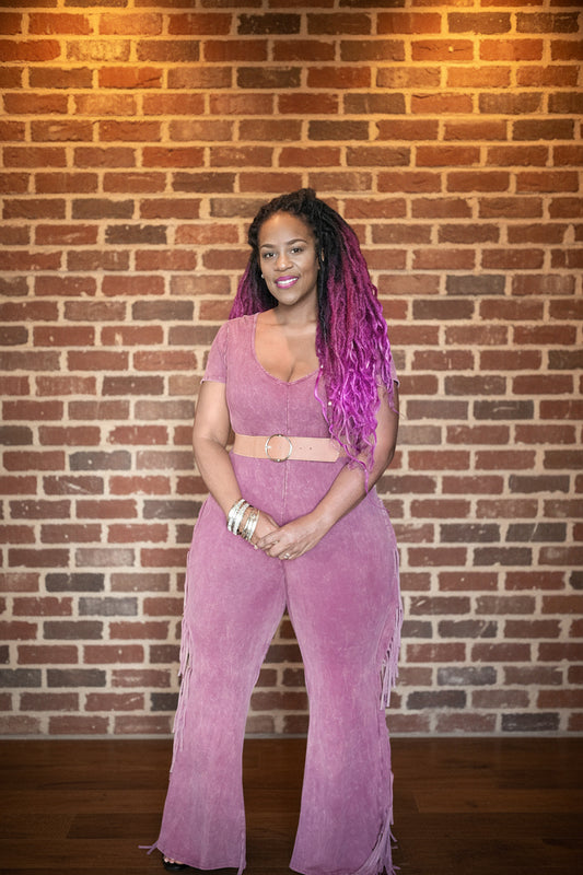 Pink stone washed Jump suit with Fringe