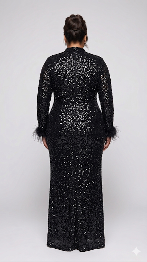 Black Sequin Gown with feather cuffs